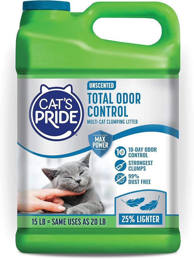 Cat's Pride Max Power: Total Odor Control - Up to 10 Days of Powerful Odor Control - Strong Clumping - Hypoallergenic - 99% Dust Free - Multi-Cat Litter, Unscented, 15 Pounds