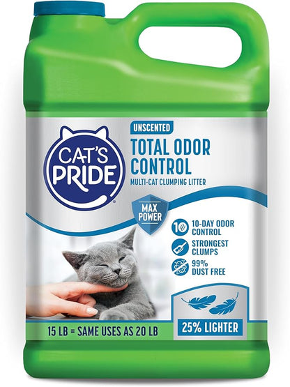 Cat's Pride Max Power: Total Odor Control - Up to 10 Days of Powerful Odor Control - Strong Clumping - Hypoallergenic - 99% Dust Free - Multi-Cat Litter, Unscented, 15 Pounds