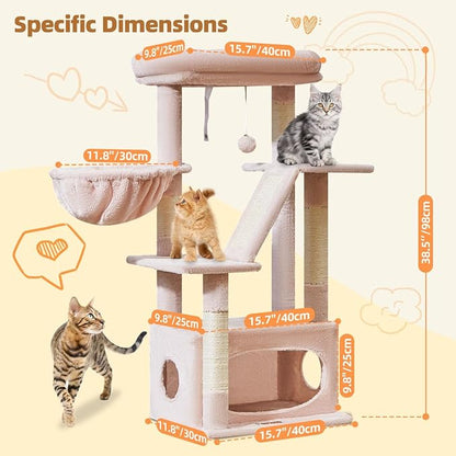 Taoqimiao Cat Tree,38.5-Inch Cat Tower for Indoor Cats,Suitable for Kittens with Luxurious cat condo with Adjustable Baskets and Luxurious Perch MS029SP Jelly Pink
