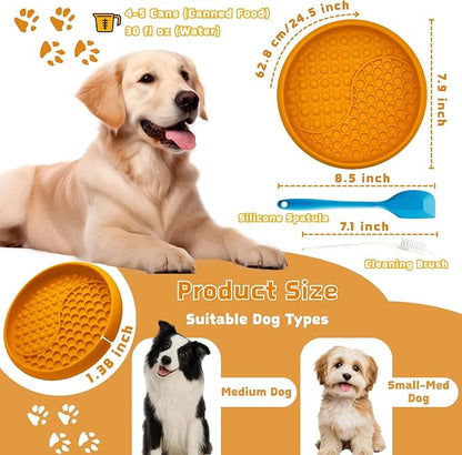 Dog Lick Bowl, Non-Slip Slow Feeder Dog Bowl, Silicone Licking Mat with Treat Dispenser, Entertainment Dog Puzzle Play, Feeder Bowl to Relieve Anxiety, Dishwasher Safe,with Brush & Spatula (Orange)