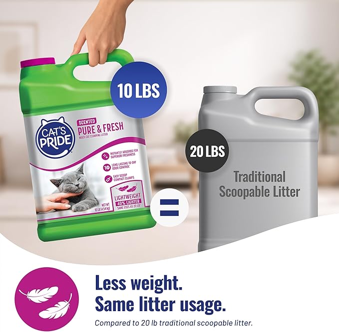 Cat's Pride Premium Lightweight Clumping Litter: Pure & Fresh - Up to 10 Days of Powerful Odor Control - Multi-Cat, Scented, 10 Pounds