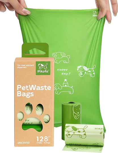 Dog Poop Bags Rolls, 128 Count (8 Refills) - 60% Recycled Plastic Unscented - Leak Proof, Extra Thick Waste Bag with Easy-Peel Sticker (Green)