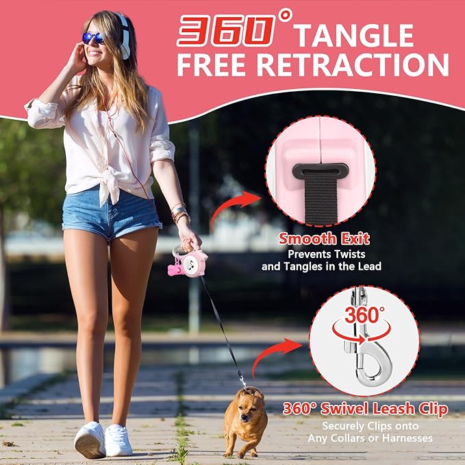 Retractable Dog Leash with LED Light Makife 5m Extendable Dog Lead for Small Medium Puppis up to 25kgs, One-Hand Brake & Lock System, Ergonomic Handle - Light Pink
