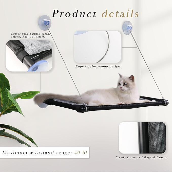 Cat Hammock for Window Wall with 4 Suction Cups 1 Cushion Cover,Cat Window Perch, Space Saving and Easy Mounted Large Cats Bed,Pet Resting Safety Holds (Black, Large)