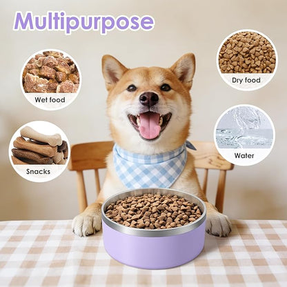 IKITCHEN Dog Bowl for Food and Water, 40 Oz Stainless Steel Pet Feeding Bowl, Durable Non-Skid Insulated Heavy Duty with Rubber Bottom for Medium Large Dogs (40 Ounces/5 Cup, Light Purple)