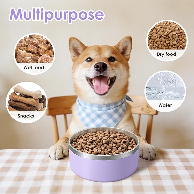 IKITCHEN Dog Bowl for Food and Water, 64 Oz Stainless Steel Pet Feeding Bowl, Durable Non-Skid Insulated Heavy Duty with Rubber Bottom for Medium Large Dogs (64 Ounces/8 Cup, Light Purple)