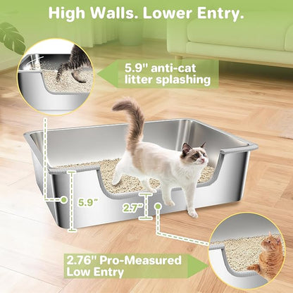 Low Entry Litter Box for Senior Kittens Disabled Cats - Stainless Steel High Sided Enclosed Easy Step in Entry - Large Metal Kitty Litter Box Easy to Clean(19.7”x13.8”x5.9”)