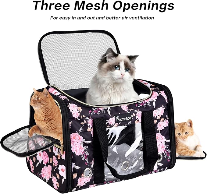 Petmolico Cat Carrier Soft-Sided Pet Bag for Small Medium Cats Puppies 16LBs - Airline Approved Cat Travel Carrier 3 Open Doors (Large,Pink Peony)