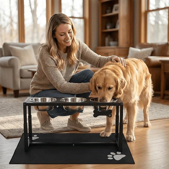 Metal Elevated Dog Bowls for Medium/Large Breed, 3 Adjustable Height(8.8''/11.5''/14'') Raised Dog Bowls Stand with Three 58oz Large Stainless Steel Dog Bowls, with The Splash pad