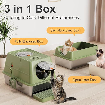 Stainless Steel Litter Box with Lid, XL Extra Large Litter Box, Enclosed Top Entry Metal Litterbox for Big Cat, Easy Cleaning, Anti-Leakage & High Sided with Mat, Aisle & Scoop, Green