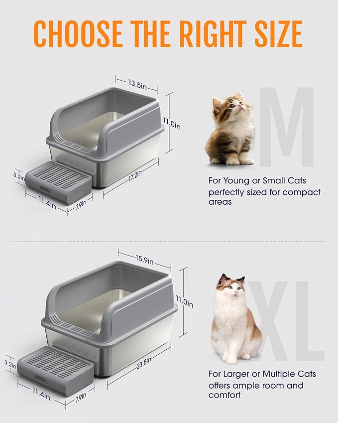 Cat Litter Box - Stainless Steel Litter Box with Scatter-Proof Elevated Step Board for Kitty Use, Robust & Non-Sticky Metal Cat Box with Scoop, Grey