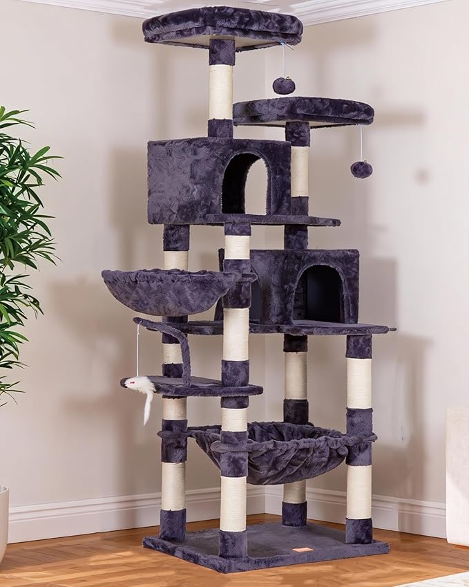 Heybly Cat Tree, 70 inches Tall Cat Tower Condo with Toy for Indoor Large Cats, Cat House Furniture with Padded Plush Perch, Cozy Hammock and Sisal Scratching Posts, Smoky Gray HCT032G