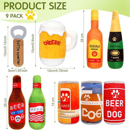 9 Pcs Beer Dog Squeaky Plush Toys Set Water Bottle Squeaky Toys Bulk Dog Interactive Funny Puppy Teething Chewing with Squeaker for Small and Medium Pet Training Teeth Doggie Birthday Gifts