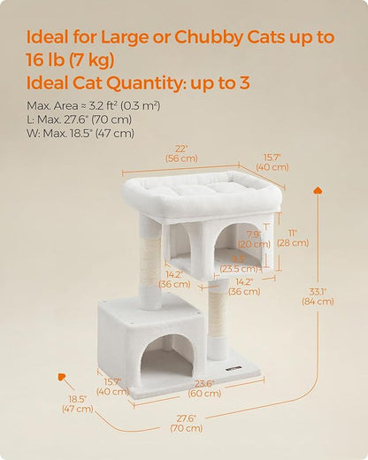 Feandrea Cat Tree, 33.1-Inch Cat Tower, Plush Condo for Large Cats up to 16 lb, Large Perch, 2 Caves, Scratching Post, Cream White UPCT061T01