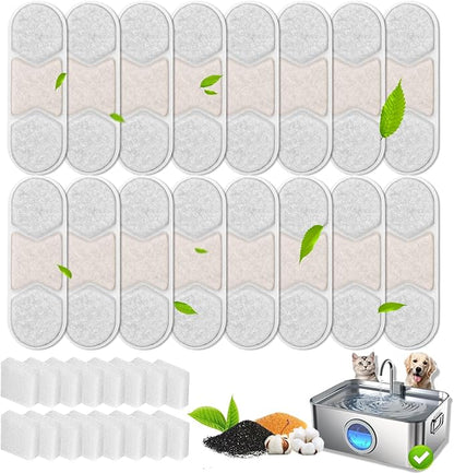 16+16 Pack Replacement Filters for Zuqqony 12L Stainless Steel Dog Water Fountain, 8 Month Set for Large Dogs Water Bowl Dispenser, Includes 16 Filters & 16 Sponges