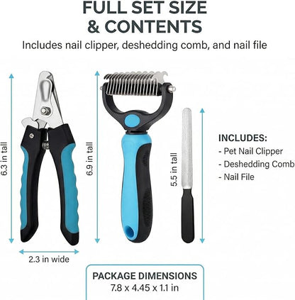 Kuzey Home Pet Nail Clipper & Deshedding Comb Set for Cats and Dogs, Safety Guard to Help Prevent Overcutting, Stainless Steel Blade, Non-Slip Handle, Includes Nail File
