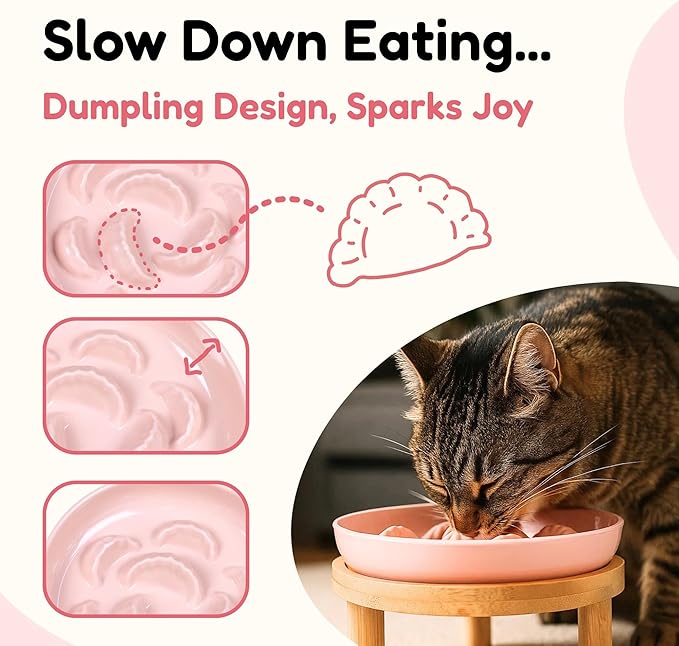 Slow Feeder Bowl, 6.3″ Elevated Cat Bowl with Stand, Melamine Wide Shallow Food Bowl, Whisker-Friendly Raised Plate, Wet Food Feeder for Slow Eating (Pink)