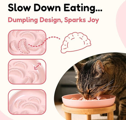 Slow Feeder Bowl, 6.3″ Elevated Cat Bowl with Stand, Melamine Wide Shallow Food Bowl, Whisker-Friendly Raised Plate, Wet Food Feeder for Slow Eating (Pink)