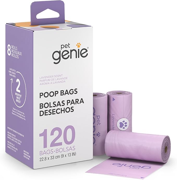 Pet Genie, Dog Poop Bags Rolls Scented, Extra Strong & Leak-Proof for Dogs, Lavender Scented, Easy Tear Pet Waste Bags, Made from 65% Recycled Plastic, 8 Rolls (120 Count)