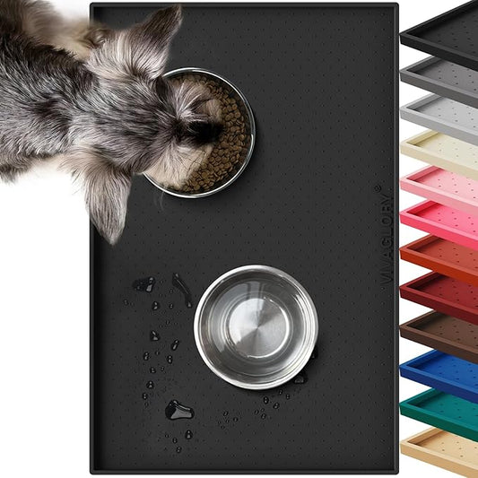 VIVAGLORY Dog Bowl Mat Grippymat Pet Food Mat, Waterproof Washable Nonslip Silicone for Pet & Cat, Food and Water Placemat with Lip & Raised Edges for Indoor Floor, L, Black