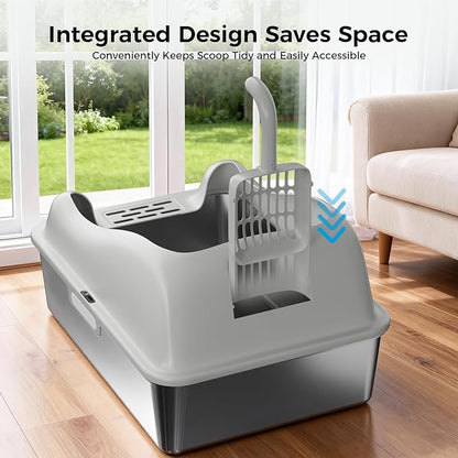 GTPLAYER Stainless Steel Cat Litter Box XL - Extra Large High-Sided Open-Top Metal Litter Box for Large & Multi-Cat Homes, Splash Guard, Low Entry, Easy Clean 304 Steel with Step, Mat & Scoop, Grey