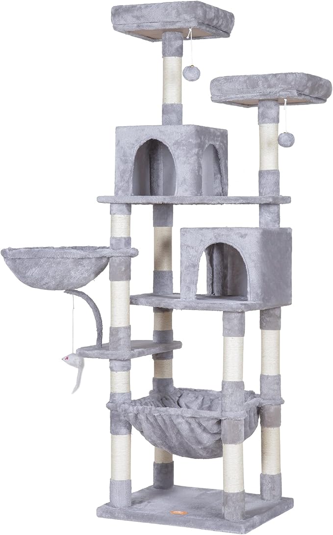 Heybly Cat Tree, 70 inches Tall Cat Tower Condo with Toy for Indoor Large Cats, Cat House Furniture with Padded Plush Perch, Cozy Hammock and Sisal Scratching Posts, Light Gray HCT032W