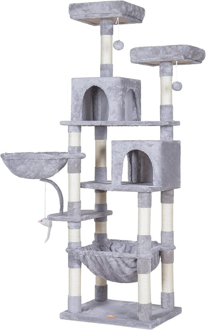 Heybly Cat Tree, 70 inches Tall Cat Tower Condo with Toy for Indoor Large Cats, Cat House Furniture with Padded Plush Perch, Cozy Hammock and Sisal Scratching Posts, Light Gray HCT032W