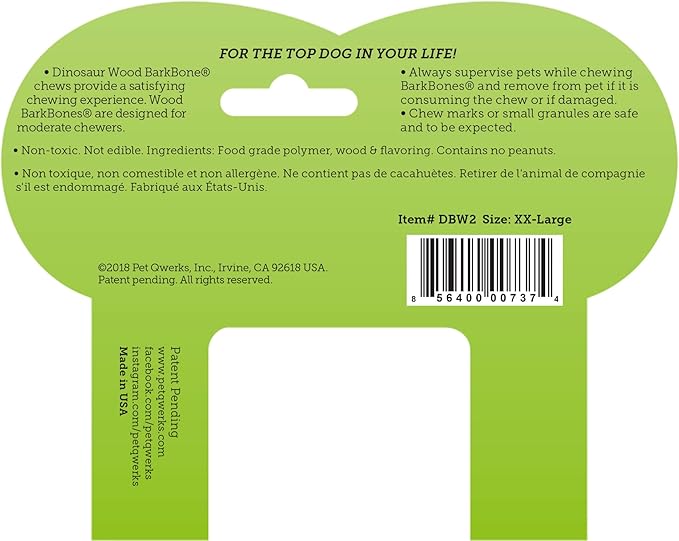 Pet Qwerks Dinosaur BarkBone - Wood Dog Bone for Moderate Chewers - Peanut Butter Flavor - 9.75"