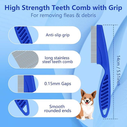 4-in-1 Pet Comb Set: Flea Lice Comb for Cats & Dogs, 4 Styles, All Hair Types, Blue