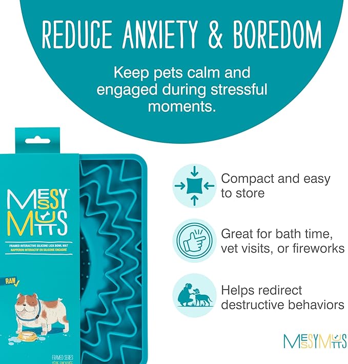 Messy Mutts Framed Silicone Therapeutic Licking Bowl Mat | 9.5" x 9.5" | Slow Feeder Mat for Boredom & Anxiety | Lick Pad for Dogs & Cats | Blue