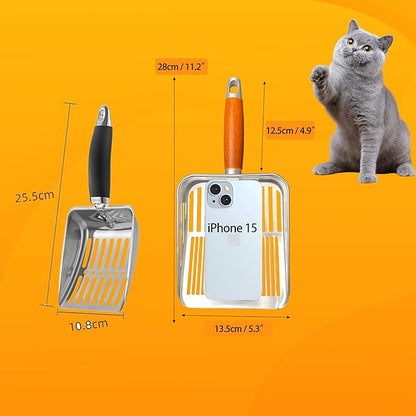 Rustproof & Unbreakable 304 Stainless Steel Metal Cat Litter Scoop, One-Piece Pressed Design with No Welds, Easy Bottom Scooping, Reinforced Anti-Break Handle