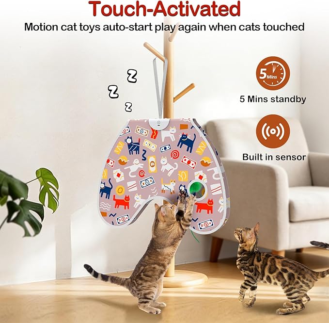 Interactive Cat Toys Moving Concealed Feathers Cat Toys Wall-Mounted Hanging Kitten Teaser Toy for Indoor Cats, Multi-Cat Households (Pink)