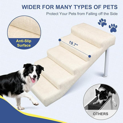 DoCred Adjustable Dog Stairs for Beds & Sofas - 5 Step 18.5"-21.6" H Non-Slip Pet Stairs for Small to Medium Dogs & Cats, Supports up to 150 lbs - Linen Faux Leather Dog Steps