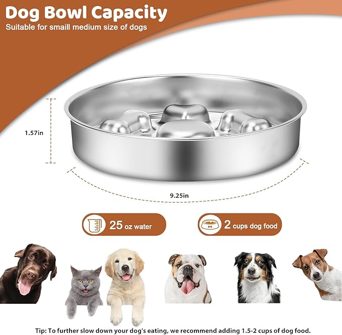 Slow Feeder Dog Bowl Stainless Steel, 2 Cups Metal Dogs Food Water Bowls with Non-Slip Pad, Stop Pet Dog Puppy Puzzle Feeder for Small & Medium Dogs to Slow Down Eating (A)