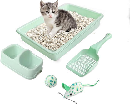 PAWISE Cat Litter Box Set, Small Kitten Starter Kit, Includes Litter Box, Litter Scoop, Double Dish Feeding Bowl, Cat Mouse Toy, Kitty Ball Toy, Green