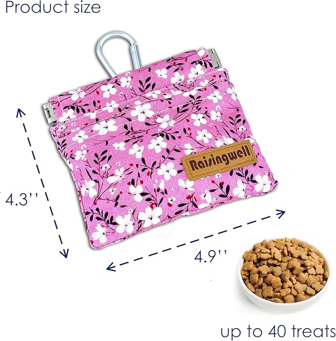 Raisingwell Dog Treat Pouch, Small Cotton Pocket Sized Training Holder, Hand Free Walking Fanny Bag with Carabiner, Self-Closing Pet Feed Snack Reward, Behavior Aids for Puppy Travel or Outdoor Use