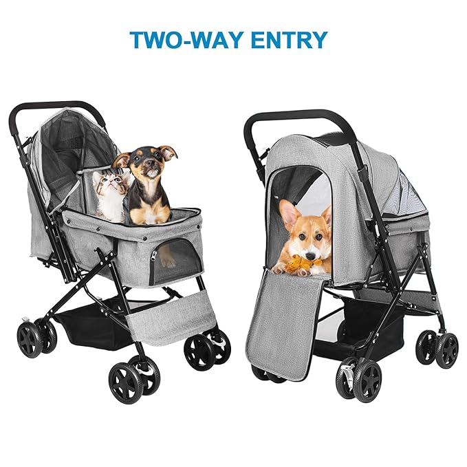Lightweight Dog Stroller with Reversible Handle for Medium Small Dogs and Cats, Foldable Pet Stroller Travel Carriage with Large Storage Basket, 4 Wheels, Linen Gray