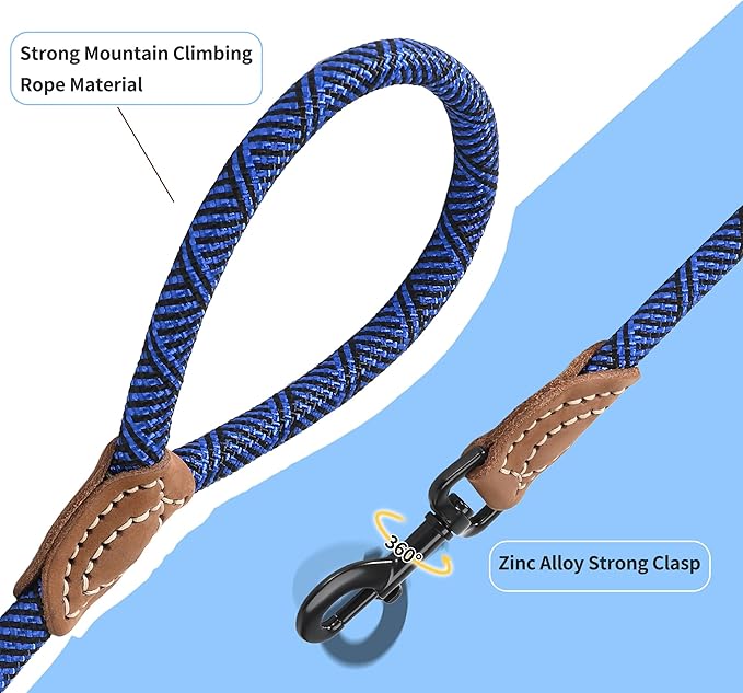 Mile High Life Rope Leash with Genuine Leather Connection, 6 FT/5 FT/4 FT, Heavy Duty Leash for Medium & Large Dogs (Blue, 72 Inch)