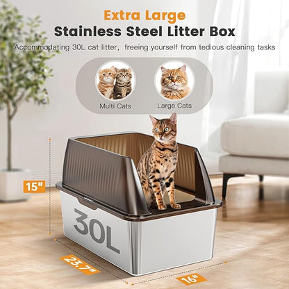 Tripamin 15” XL Stainless Steel Cat Litter Box Enclosure, XXL Stainless Steel High Sides with Lid, Extra Large Metal Cat Litter Box (Transluce, 2-pcs XX-Large)