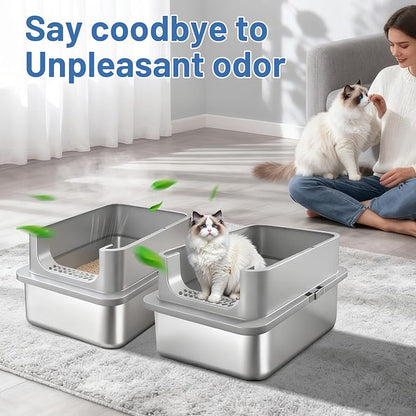 2 Pack XL Stainless Steel Cat Litter Box with Lid and High Sides, 24" L x 16" W x 12" H Extra Large Metal Cat Litter Boxes for Big Cats, Leak-Proof, Non-Stick, Odor-Resistant, Includes Scoop