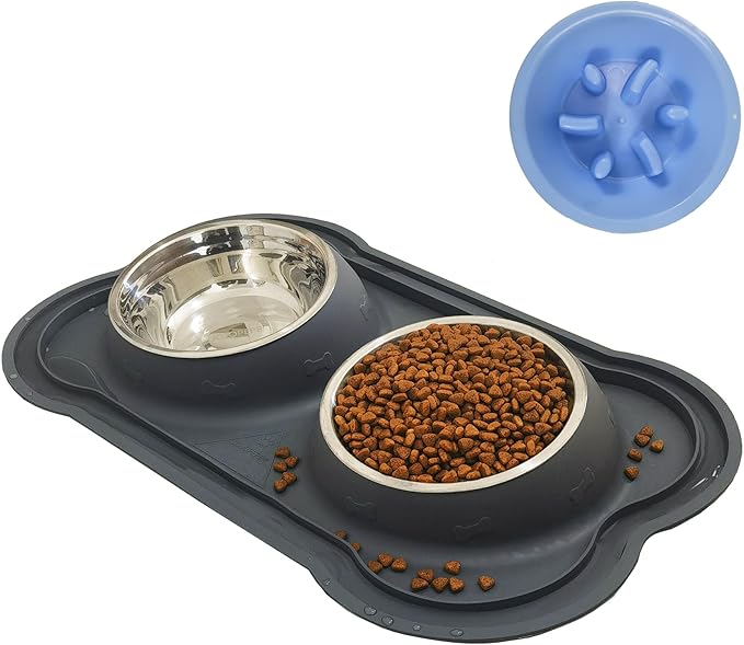 Dog Bowls Stainless Steel Slow Feeder Set with Silicone Mat-100% Waterproof BPA Free Cat and Dog Food Bowls No-Spill and Non-Skid-Pet Feeder Water Bowls for Puppy Medium Dogs Cats