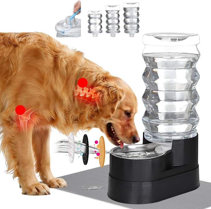 RIZZARI 9L Dog Water Dispenser:Black Stainless Steel Automatic Gravity Feeder -Removes Odors -Softens Water-Helps Prevent Urinary Stones -Extends Lifespan -for Active Dog Owners &Home Garage Balcony