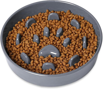 Dog Slow Feeder Bowl, Round Ceramic Pet Food Bowl for Medium Breed, Fun Raised Dog Bowls to Slow Down Eating (Grey)