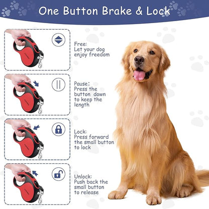 16Ft Retractable Dog Leash - for Small to Medium Dogs Up to 66lbs, Heavy Duty Retractable Leash with Light Rechargeable, Quick Lock Braking & Non-Slip Handle (Red)