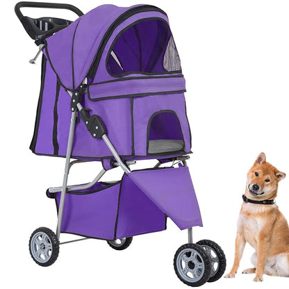 BestPet 3 Wheels Pet Stroller Dog Cat Cage Jogger Stroller Waterproof Puppy Travel Folding Carrier with Cup Holder,Purple