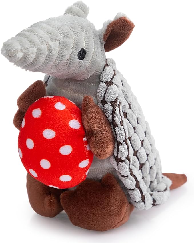 Hollypet Plush Dog Squeaky Toy Stuffed Armadillo Animal Pet Puppy Chew Toys with Clean Teeth for Small Medium Large All Breed Sizes Dogs, Gray, 8 in, Red Easter Eggs with WhiteDots