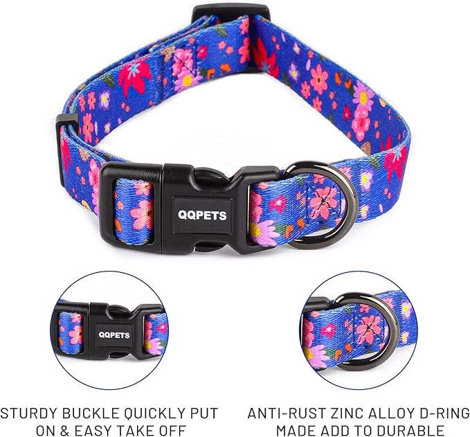 QQPETS Adjustable Soft Dog Collar: Print Flower Pink Multicolor Cute Patterns for XS Small Medium Large Pet Girl Boy Puppy Walking Running Training (S, Cornflower Blue)