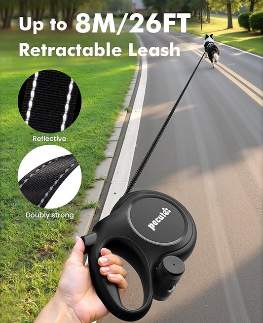 Pecute 26ft Retractable Dog Leash, Heavy Duty Retractable Pet Leash with Poop Bag Holder, Anti-Slip Soft Grip, Reflective Dog Leashes for Medium Dogs Large Dogs 33lbs-110lbs(Black)
