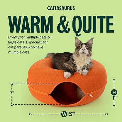 Cattasaurus Peekaboo Cat Cave, Extra Spacious for Multiple & Large Cats 15+ lbs, Scratch Detachable Cat Beds for Indoor Cats, Washable Tunnel Bed, Comfy Donut Tunnel (Orange, Jumbo)