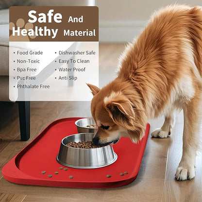 Silicone Pet Food Mat with Raised Edge for Food and Water Bowl, Dog Feeding Mats, Cat Food Trays for Floor Waterproof, Rubber Tray for Dogs and Cats, 22 x 14 x 0.8 Red